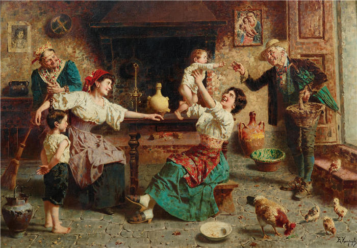 欧金尼奥·赞皮吉（Eugenio Zampighi，意大利画家）作品-《幸福的家庭》