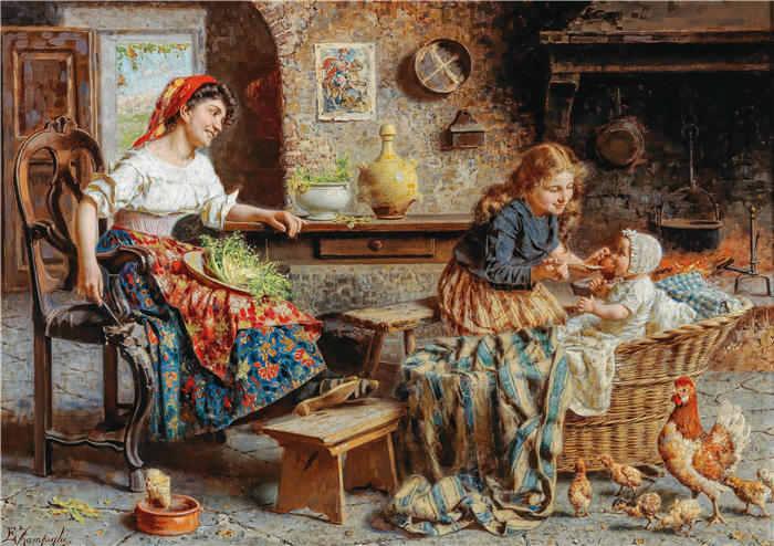 欧金尼奥·赞皮吉（Eugenio Zampighi，意大利画家）作品-《幸福的家庭(1)》