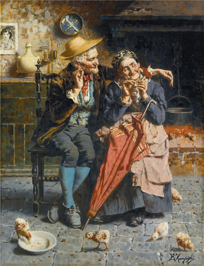 欧金尼奥·赞皮吉（Eugenio Zampighi，意大利画家）作品-《一针及时》