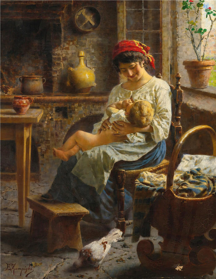 欧金尼奥·赞皮吉（Eugenio Zampighi，意大利画家）作品-《快乐的妈妈》