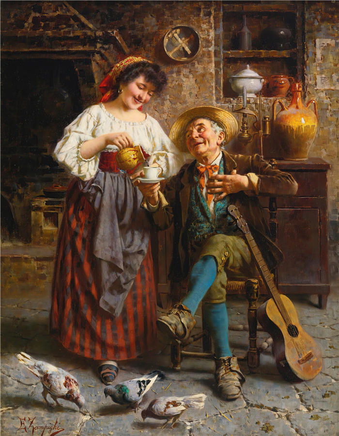 欧金尼奥·赞皮吉（Eugenio Zampighi，意大利画家）作品-《爷爷的咖啡》
