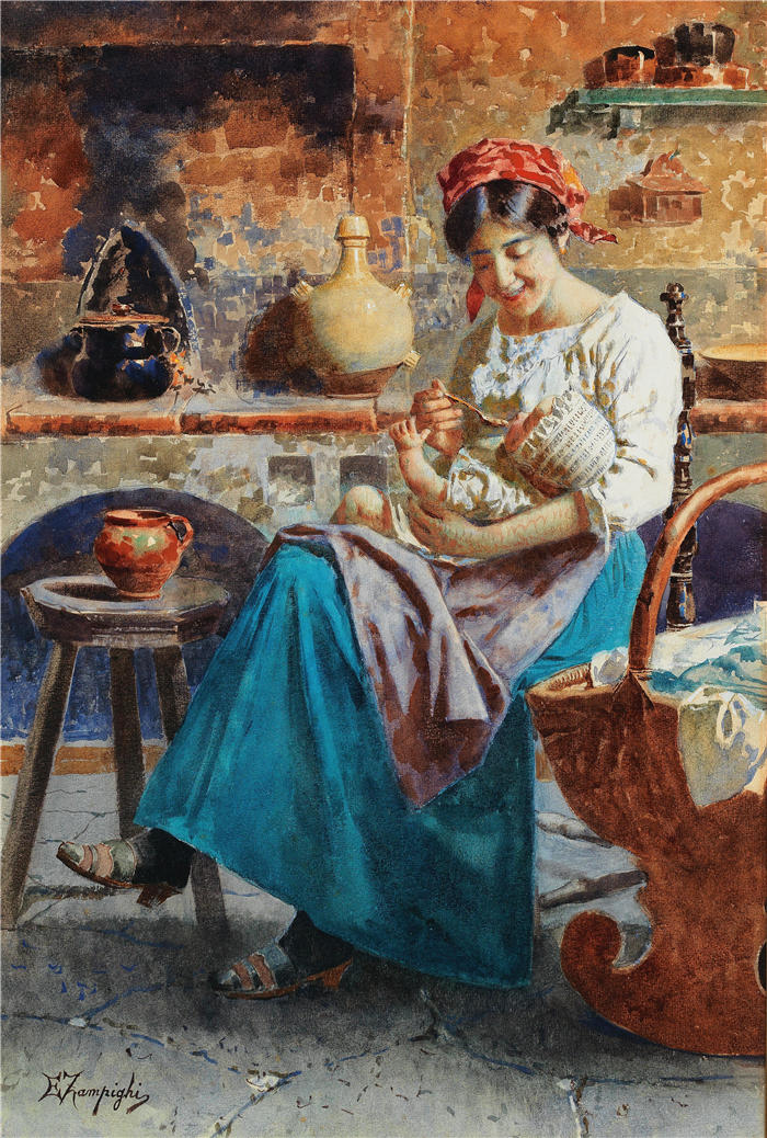 欧金尼奥·赞皮吉(Eugenio Zampighi,意大利画家)作品-《第一种婴儿食品》