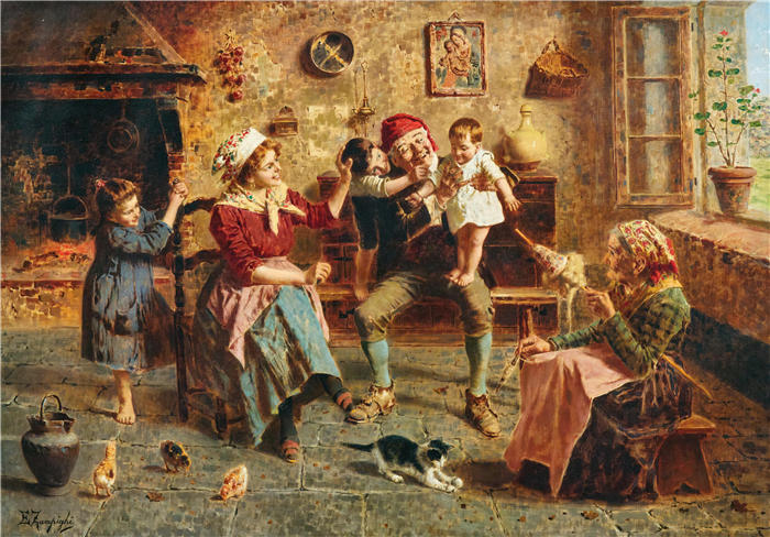 欧金尼奥·赞皮吉（Eugenio Zampighi，意大利画家）作品-《一个幸福的家庭》