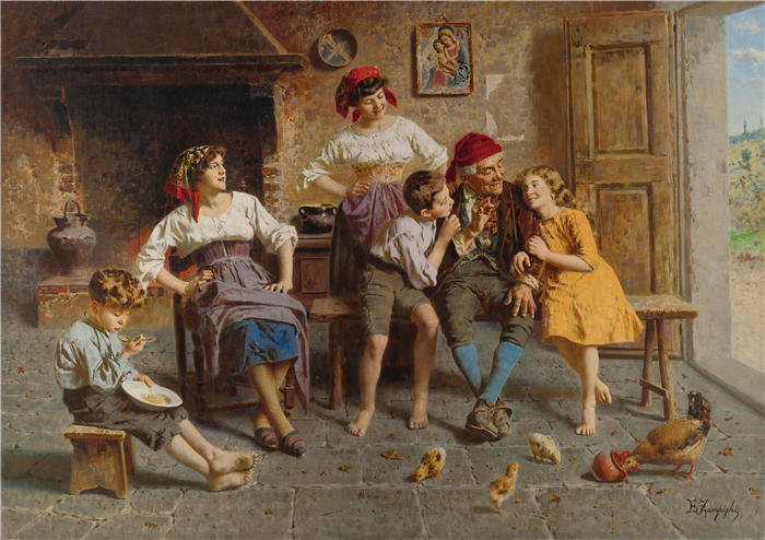 欧金尼奥·赞皮吉（Eugenio Zampighi，意大利画家）作品-《拜访祖父》