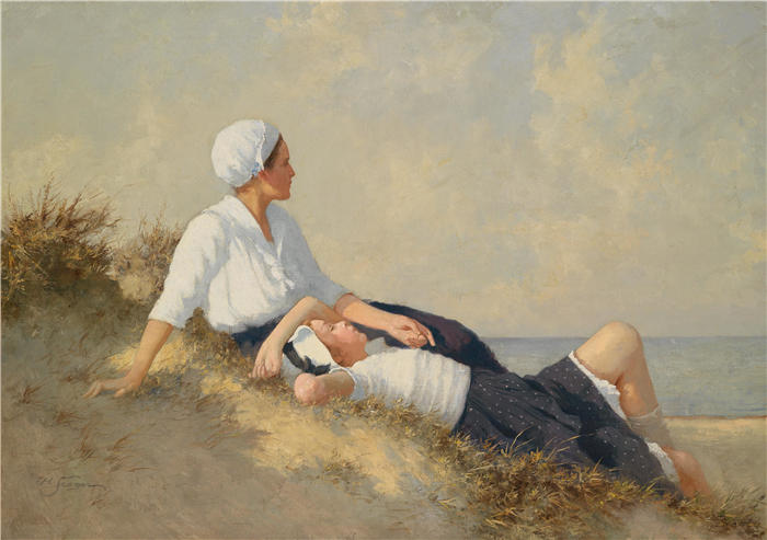 赫尔曼·西格(Hermann Seeger，德国画家, 1857 –1945)作品-Mutter 和 Tochter am Strand