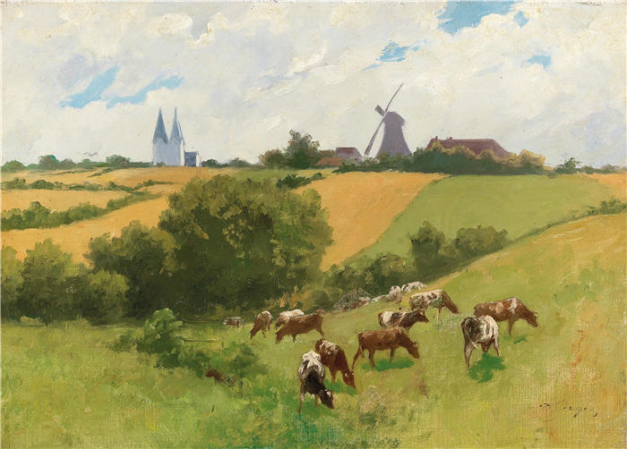 赫尔曼·西格(Hermann Seeger，德国画家, 1857 –1945)作品-夏日风景中的动物群