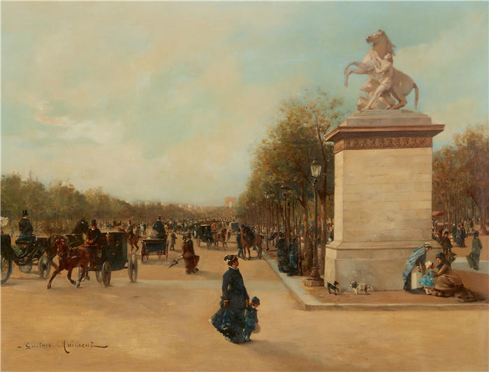 古斯塔夫·迈森特（Gustave Maincent，法国，1850-1887 年）作品-香榭丽舍大街与杜乐丽宫和远处的凯旋门