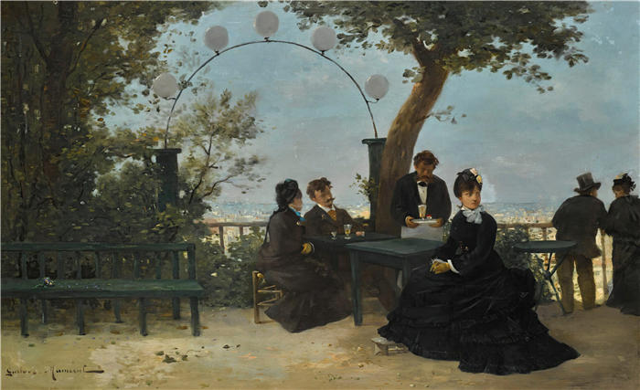 古斯塔夫·迈森特（Gustave Maincent，法国，1850-1887 年）作品-Le goûter sur la 露台