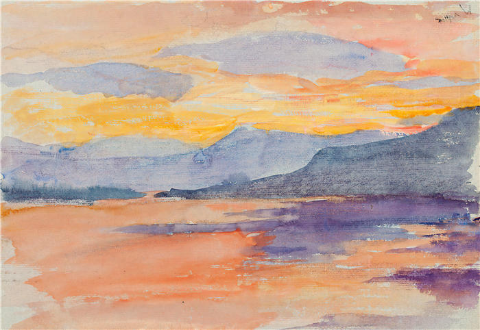 玛丽亚·维克（Maria Wiik，芬兰画家，1853 – 1928 年)作品-傍晚天空中的山景