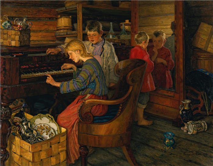 尼古拉·博格丹诺夫-贝尔斯基（Nikolay Petrovich Bogdanov-Belsky，俄罗斯）作品-钢琴旁的孩子