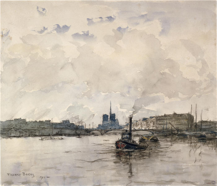 弗兰克·迈尔斯·博格斯（Frank Myers Boggs，美国画家）作品-《亨利四世码头上游的城市景观（1901年）》