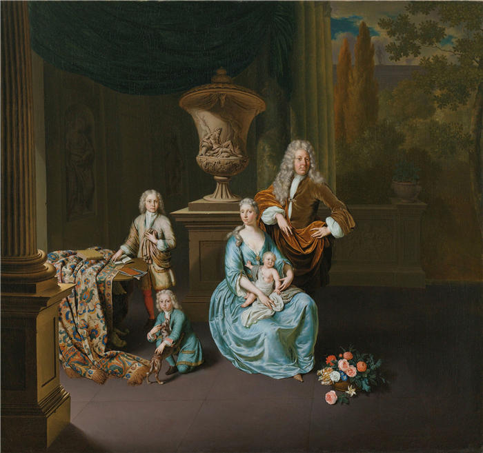 弗朗斯·范·米耶里斯（Frans van Mieris，荷兰画家）高清作品-《莱顿市市长与妻子索菲亚·迪娜·德·罗弗尔和他们的儿子彼得·扬·安·阿德里安·蓬佩胡斯（1728）》