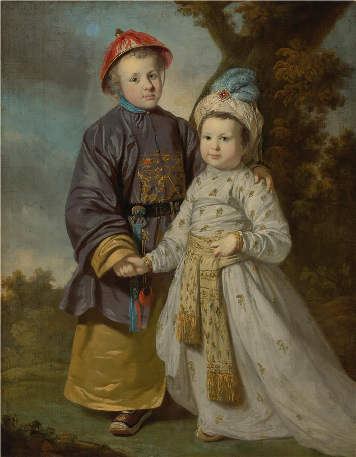蒂莉·凯特（ Tilly Kettle，英国画家）作品 –两个穿着东方服饰的孩子的画像