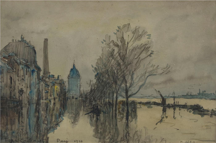 弗兰克·迈尔斯·博格斯（Frank Myers Boggs，美国画家）作品-《洪水期间塞纳河的景色（1910年）》
