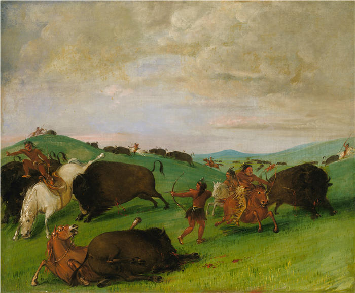 乔治·卡特林 (George Catlin,美国画家)作品-《Buffalo Chase，公牛与人和马作战（1832-1833）》