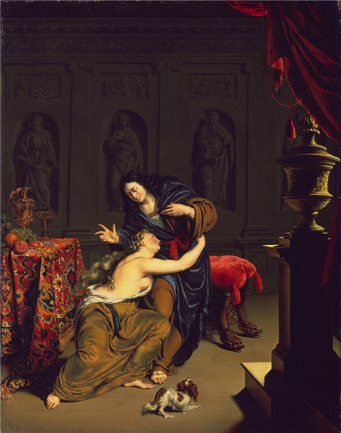 弗朗斯·范·米耶里斯(Frans van Mieris,荷兰画家)高清作品-《约瑟和波提乏的妻子 (1691)》