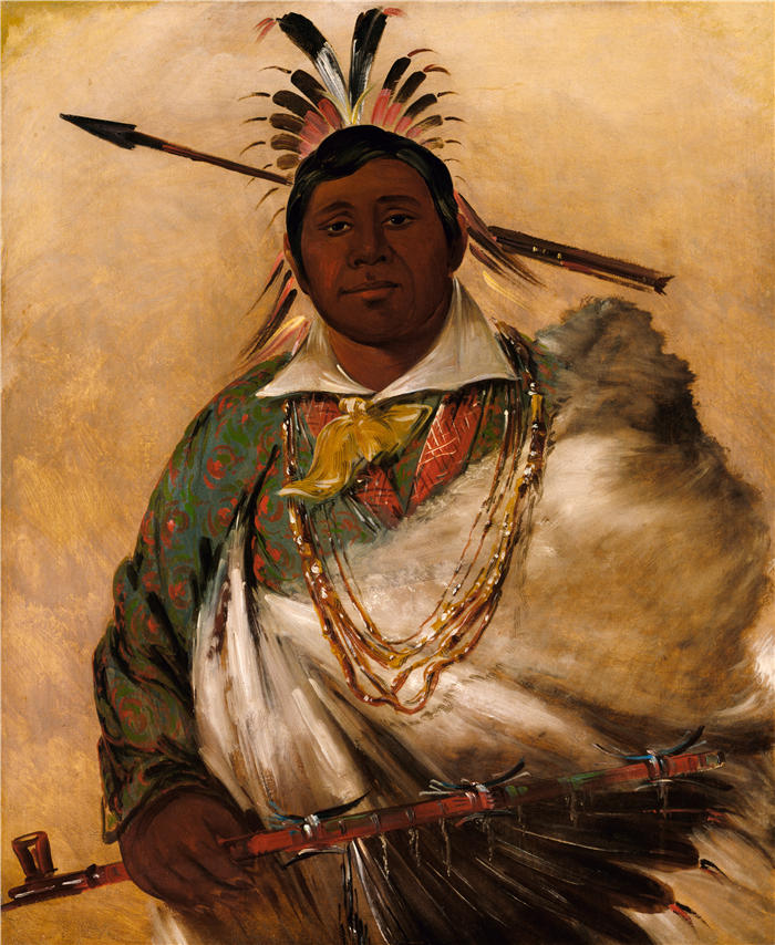 乔治·卡特林 (George Catlin,美国画家)作品-《Téh-Ke-Néh-Kee，黑大衣，酋长（1834 年）》