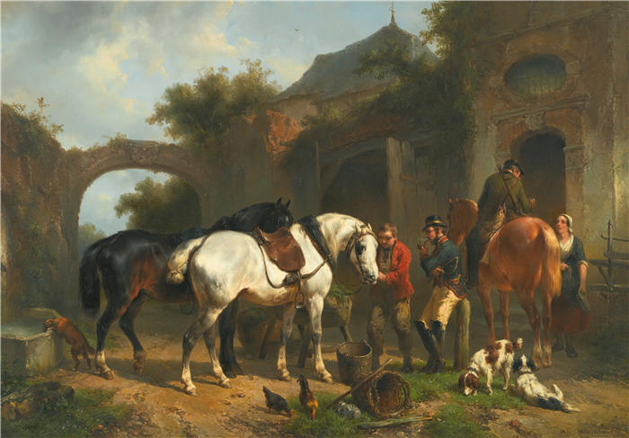 沃特鲁斯·维舒尔（Wouterus Verschuur，荷兰画家）作品-《运动员在旅馆外休息》