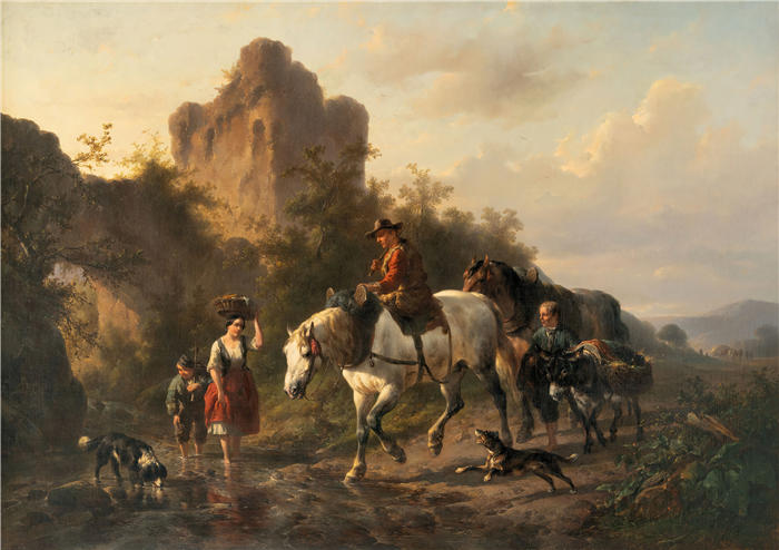 沃特鲁斯·维舒尔（Wouterus Verschuur，荷兰画家）作品-《一位司机和他的家人在溪流中涉水》