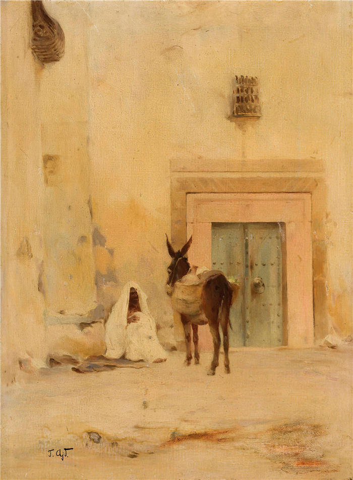 塔德乌什·艾杜凯维奇（Tadeusz Ajdukiewicz，波兰画家）作品-《阿拉伯人和一头驴在房子的墙上》