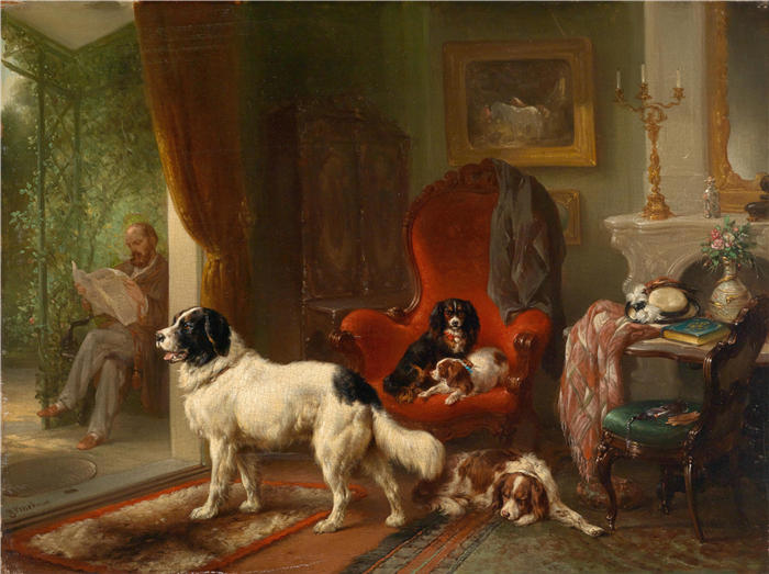 沃特鲁斯·维舒尔（Wouterus Verschuur，荷兰画家）作品-《带狗的室内》