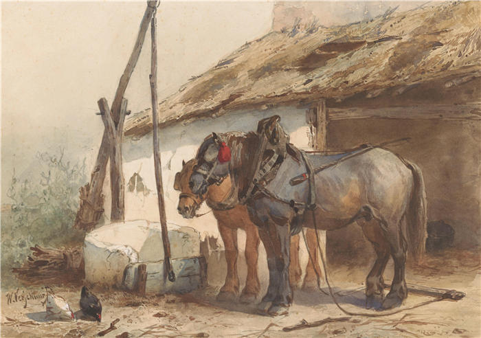 沃特鲁斯·维舒尔（Wouterus Verschuur，荷兰画家）作品-《Twee paarden staan​​d voor een stal (1851 - 1936)》