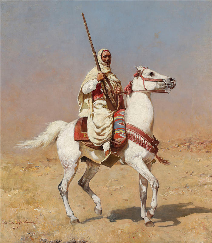 塔德乌什·艾杜凯维奇（Tadeusz Ajdukiewicz，波兰画家）作品-《灰色马上的阿拉伯人 (1911)》