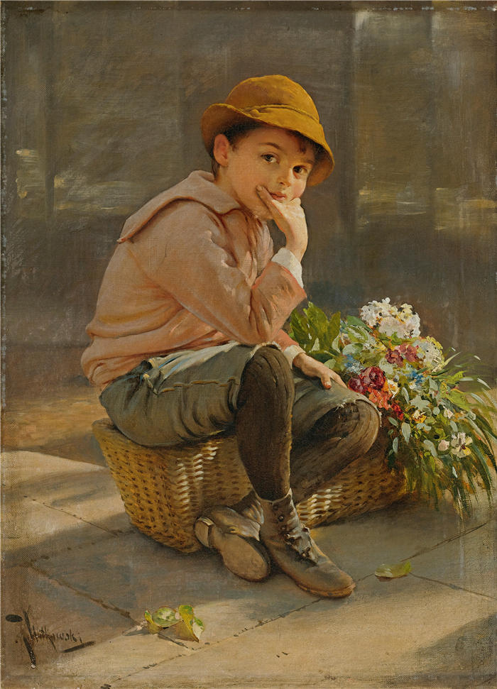 卡尔·维特科夫斯基（Karl Witkowski ，美国画家，1860–1910）作品-守护花篮