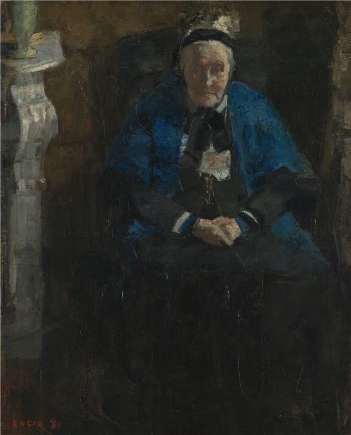 詹姆斯·恩索尔（James Ensor，比利时画家）高清作品-《蓝色披肩的女人（1881）》