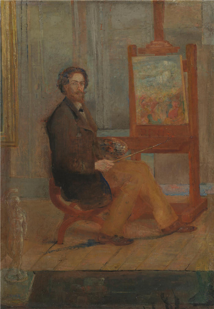 詹姆斯·恩索尔（James Ensor，比利时画家）高清作品-《恩索尔在他的画架上 (1890)》