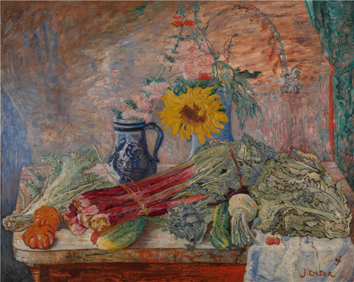 詹姆斯·恩索尔（James Ensor，比利时画家）高清作品-《花卉和蔬菜（1896）》