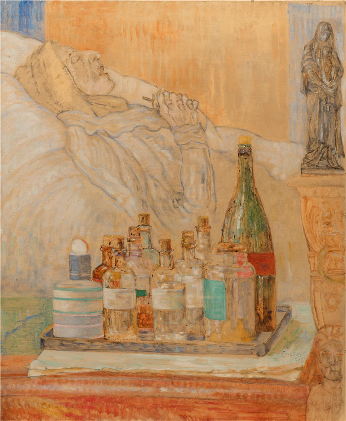 詹姆斯·恩索尔（James Ensor，比利时画家）高清作品-《艺术家死去的母亲 (1915)》