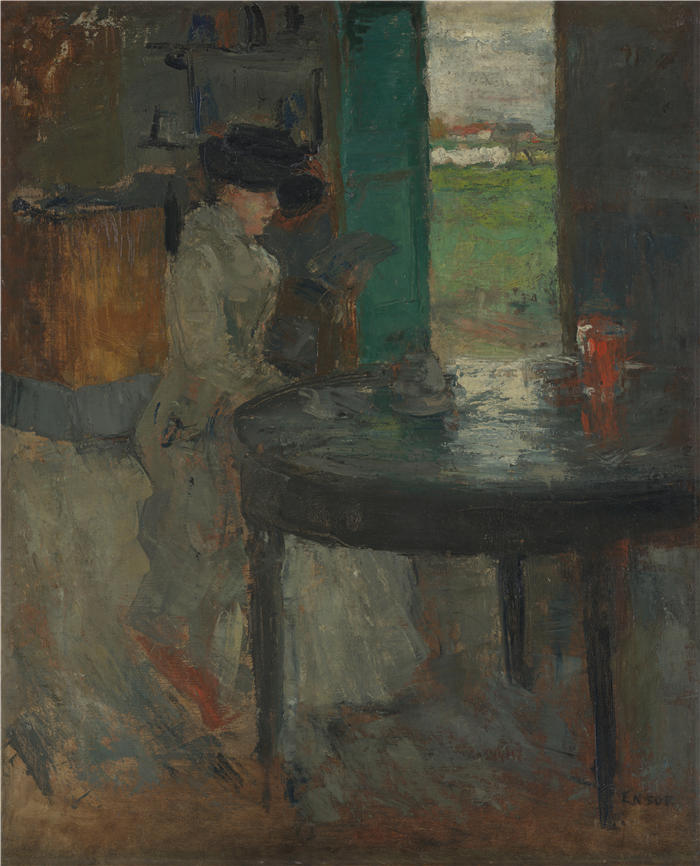 詹姆斯·恩索尔（James Ensor，比利时画家）高清作品-《等待（1879-1882）》