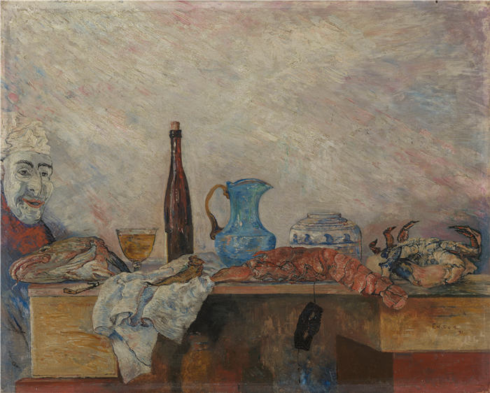 詹姆斯·恩索尔（James Ensor，比利时画家）高清作品-《面具和甲壳类动物（1891）》