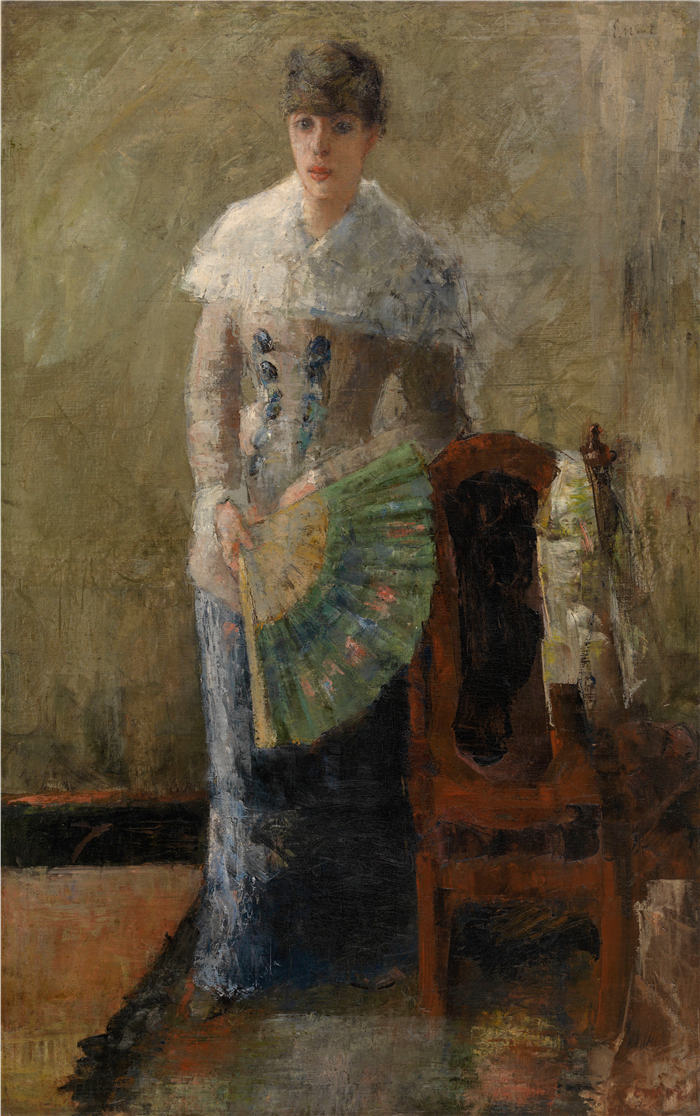 詹姆斯·恩索尔(James Ensor,比利时画家)高清作品-《拿扇子的女士(1880-1881)》
