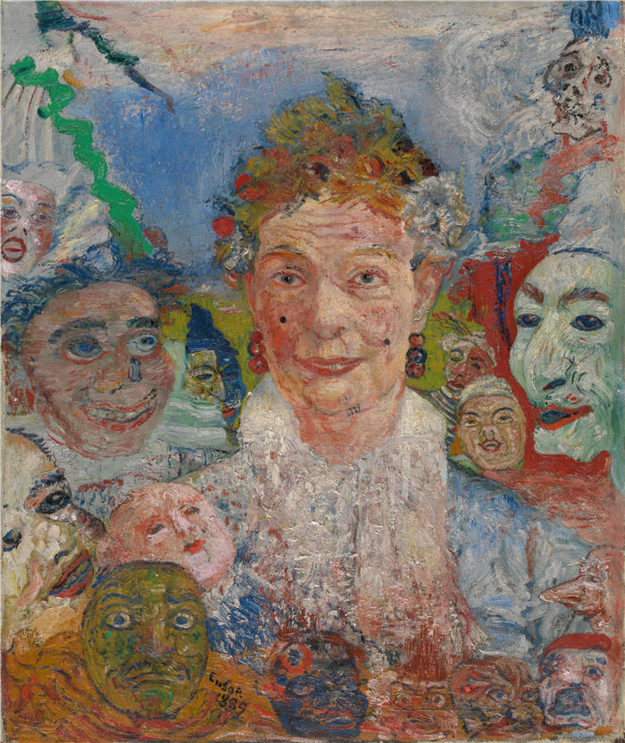 詹姆斯·恩索尔（James Ensor，比利时画家）高清作品-《戴面具的老妇人 (1889)》