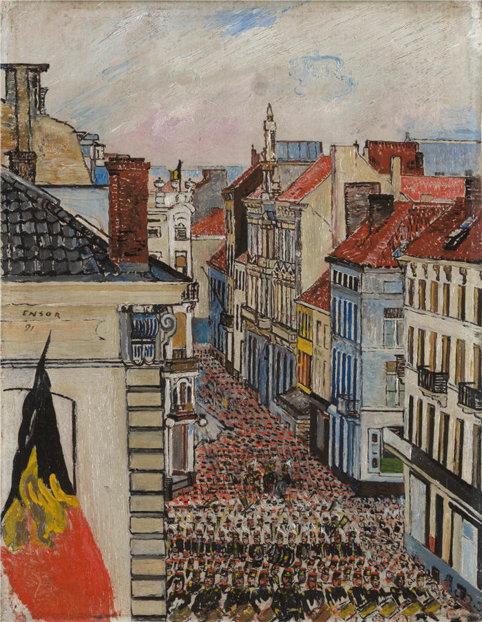 詹姆斯·恩索尔(James Ensor,比利时画家)高清作品-《Vlaanderenstraat 的音乐(1891 年)》