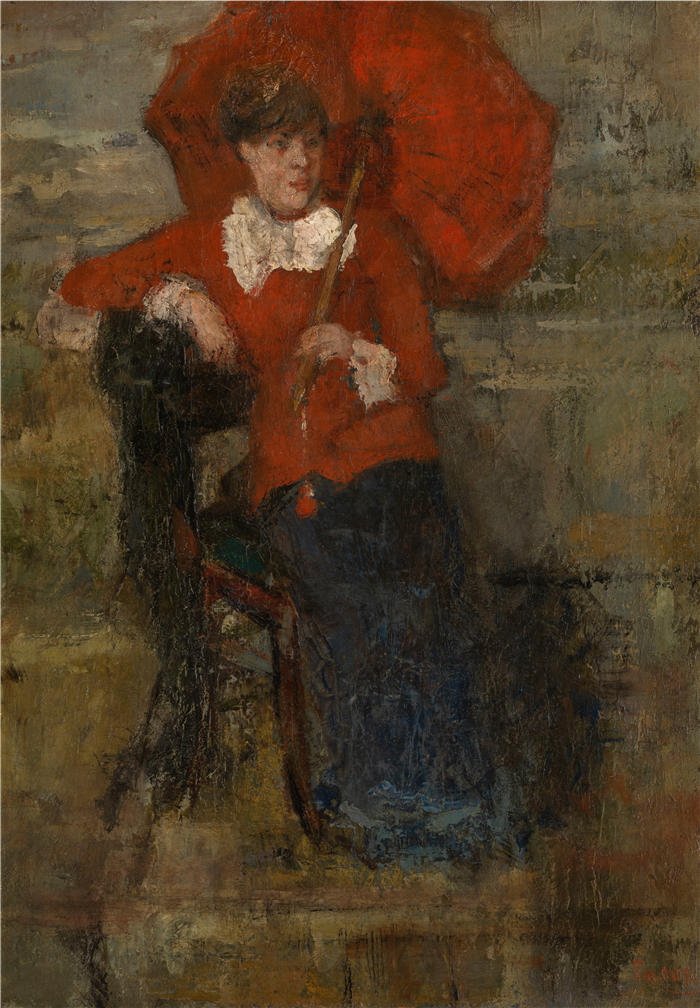 詹姆斯·恩索尔（James Ensor，比利时画家）高清作品-《红阳伞夫人（1880）》