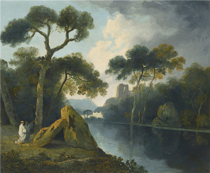 威廉·霍奇斯（William Hodges，英国画家）高清作品-《与僧侣在一对巨石旁交谈的河流景观》
