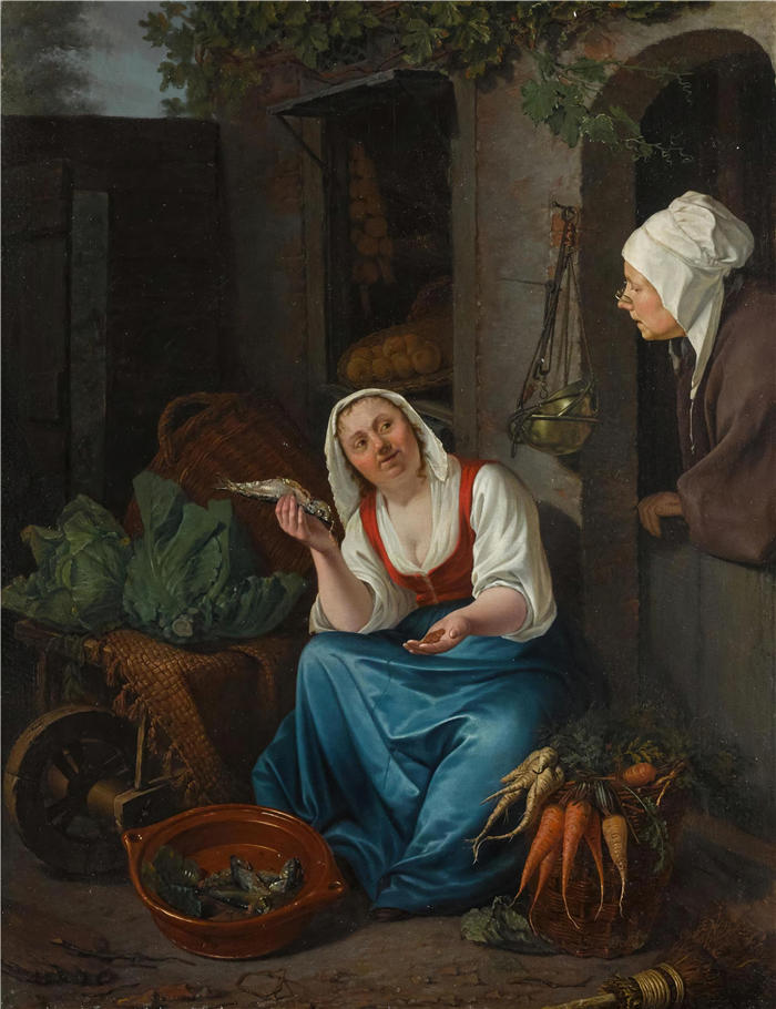 克里斯托费尔·皮尔森(Pieter Christoffel Wonder，荷兰画家)高清作品-《一个卖鱼和蔬菜的年轻女人》