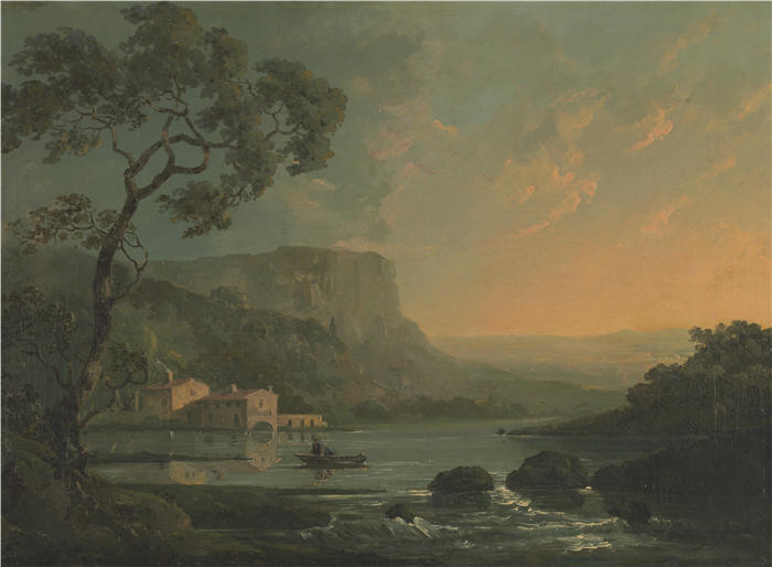 威廉·霍奇斯（William Hodges，英国画家）高清作品-《景观与湖上的渔民》