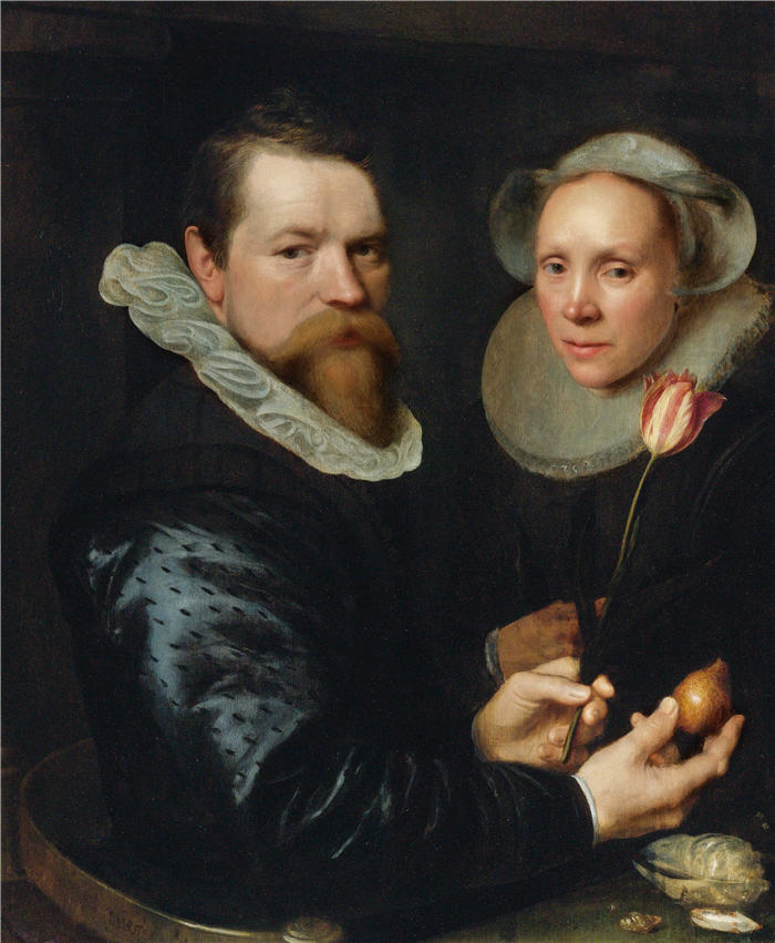 米歇尔·詹斯(Michiel Janszoon van Mierevelt,荷兰画家)高清作品-《丈夫和妻子的肖像，他拿着郁金香和灯泡，下面架子上的贝壳选择（1609 年）》