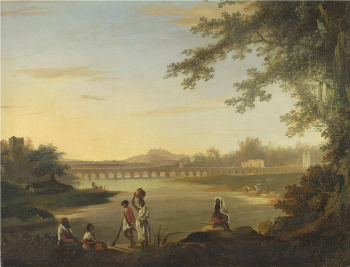 威廉·霍奇斯（William Hodges，英国画家）高清作品-《Marmalong 桥，前景是 Sepoy 和当地人》