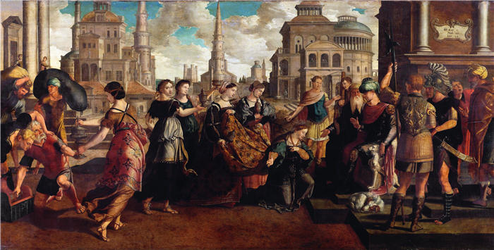 扬·范·斯柯（Jan van Scorel，荷兰画家）高清作品-所罗门和示巴女王（c. 1540 - c. 1545）