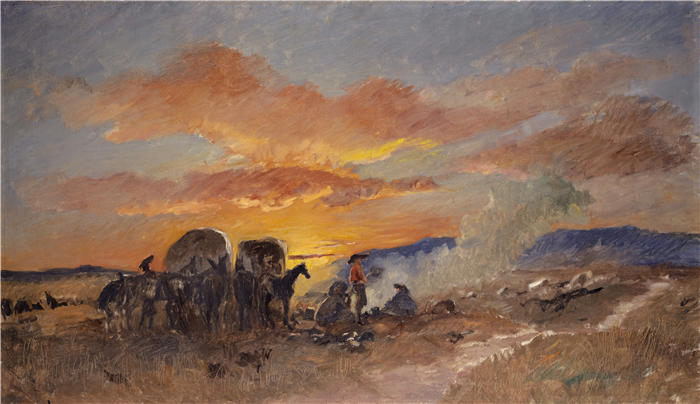 弗兰克·布赫瑟（Frank Buchser，瑞士画家）高清作品-《拉勒米平原日出营火（1866 年）》