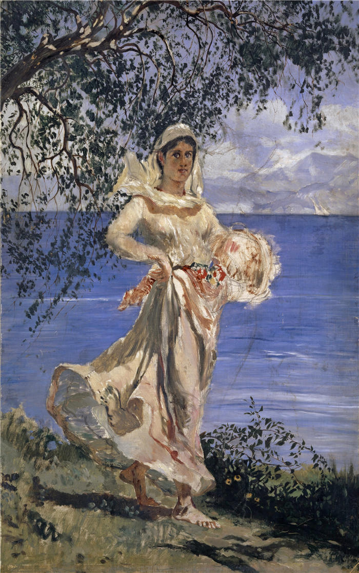弗兰克·布赫瑟（Frank Buchser，瑞士画家）高清作品-《年轻女子在湖岸（迪亚曼蒂娜）（1884）》