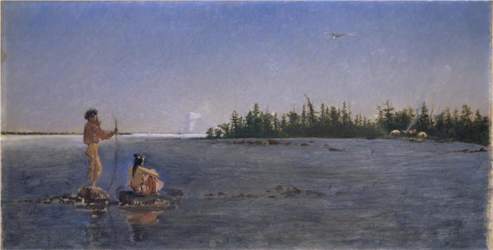 弗兰克·布赫瑟（Frank Buchser，瑞士画家）高清作品-《河流景观，美洲印第安人钓鱼（1868 年）》