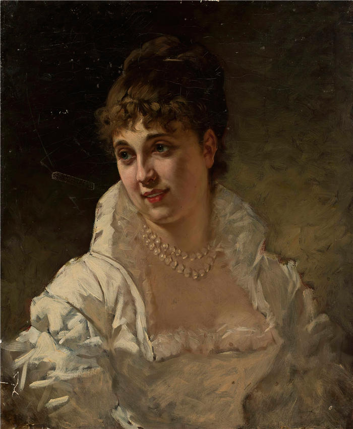 斯特凡·巴卡洛维奇（Stefan Bakałowicz，波兰人，1857-1947 年）作品-一个穿着珍珠白裙子的女人的肖像