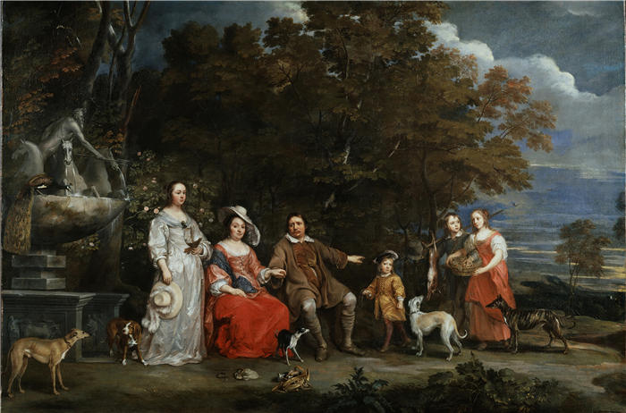 冈萨雷斯·科克斯（Gonzales Coques，佛兰芒画家）高清作品-《荷兰南部风景中的家庭团体（1647 年）》