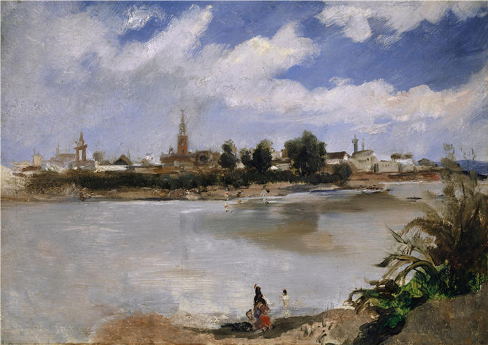 弗兰克·布赫瑟（Frank Buchser，瑞士画家）高清作品-《瓜达尔基维尔河对岸的塞维利亚景观（1857 年）》